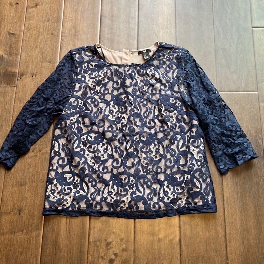 H&M’s navy blue and lace shirt, 3/4 sheet sleeves- size small- work, office wear